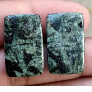 Chinese Writing Jasper Pair of Cabochons